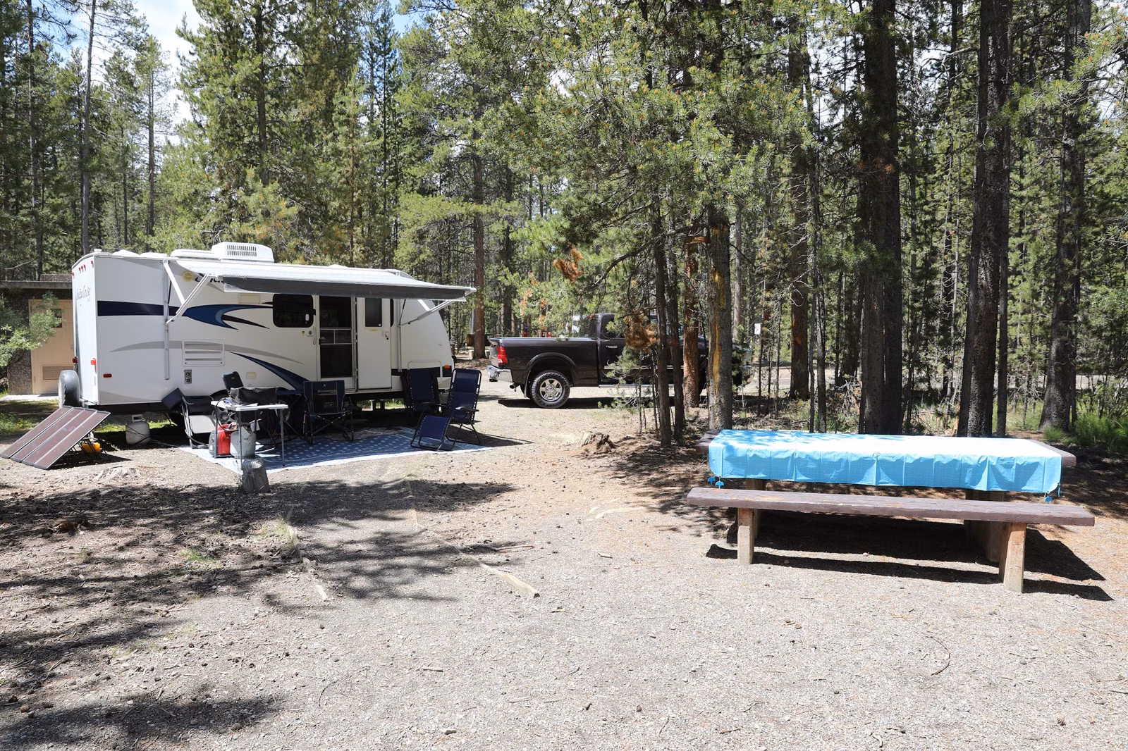 A travel trailer, picnic table and canopy at a campsite under tall pines
