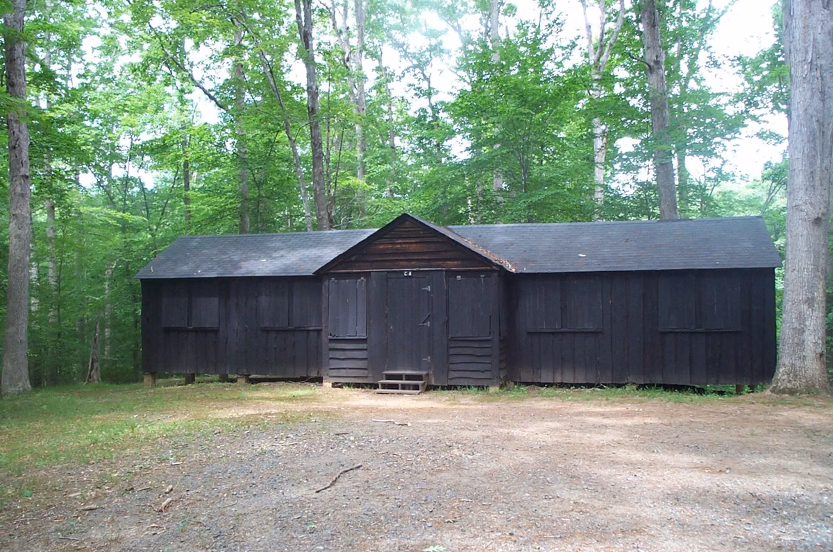 A dark wooden sleeping cabin in a clearing among tall trees