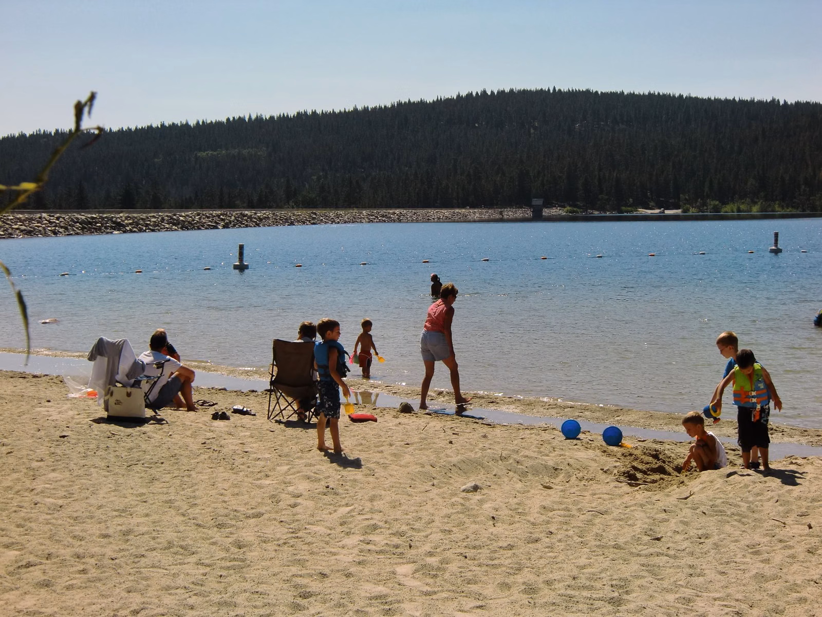 Families playing on a sandy lake beach in summer with a forested ridge behind